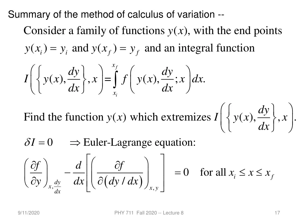 summary of the method of calculus of variation