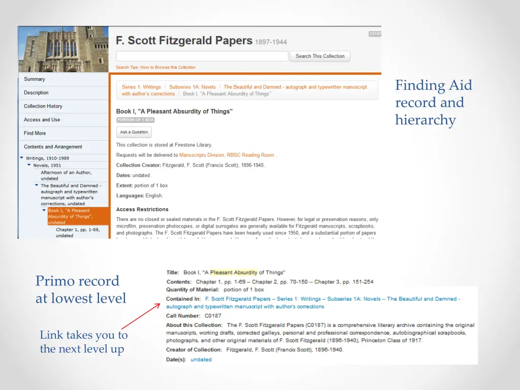 finding aid record and hierarchy