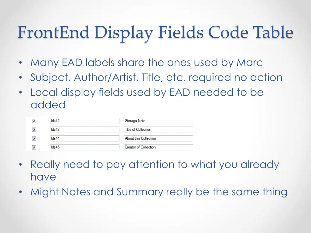 frontend display fields code table