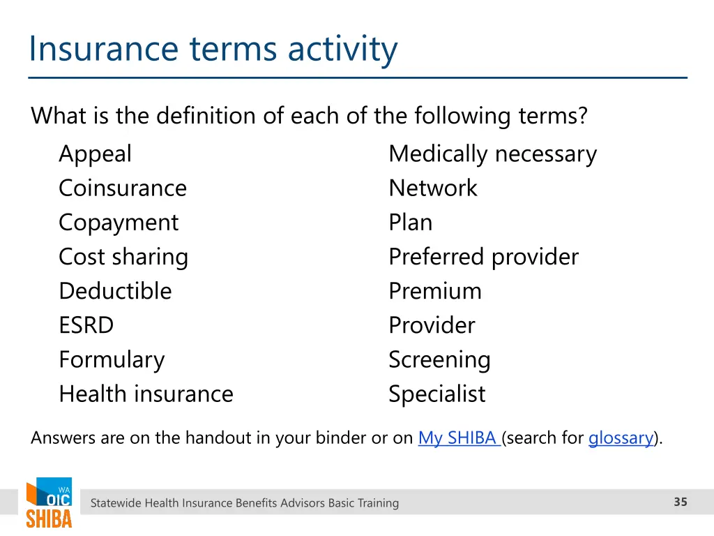insurance terms activity