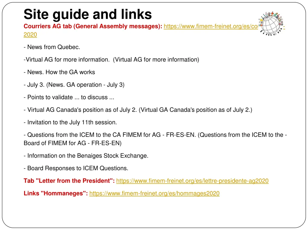 site guide and links courriers ag tab general