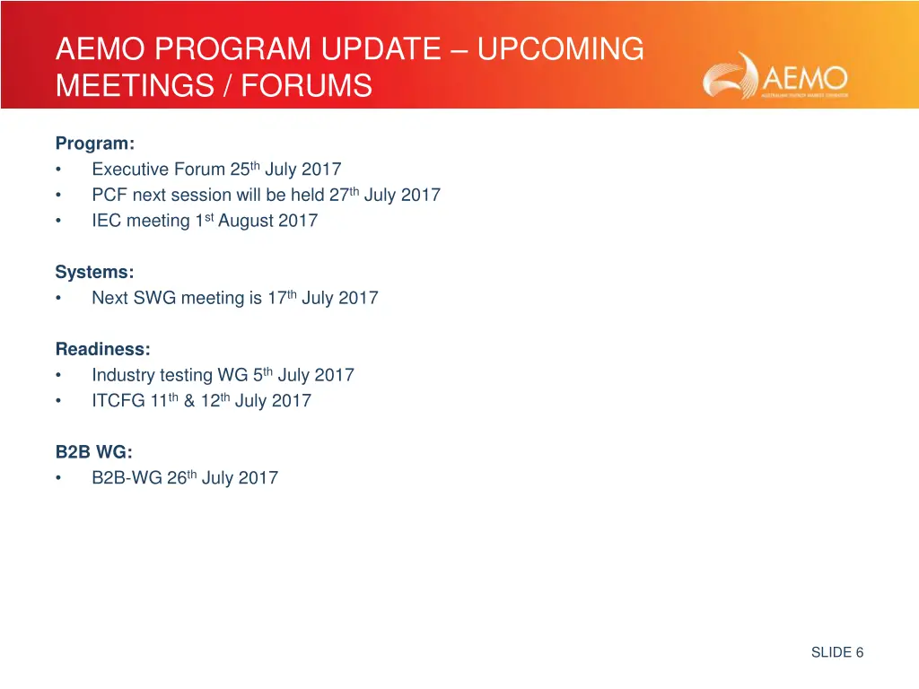 aemo program update upcoming meetings forums