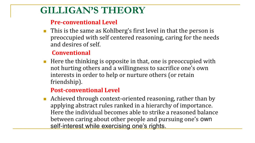 gilligan s theory pre conventional level this