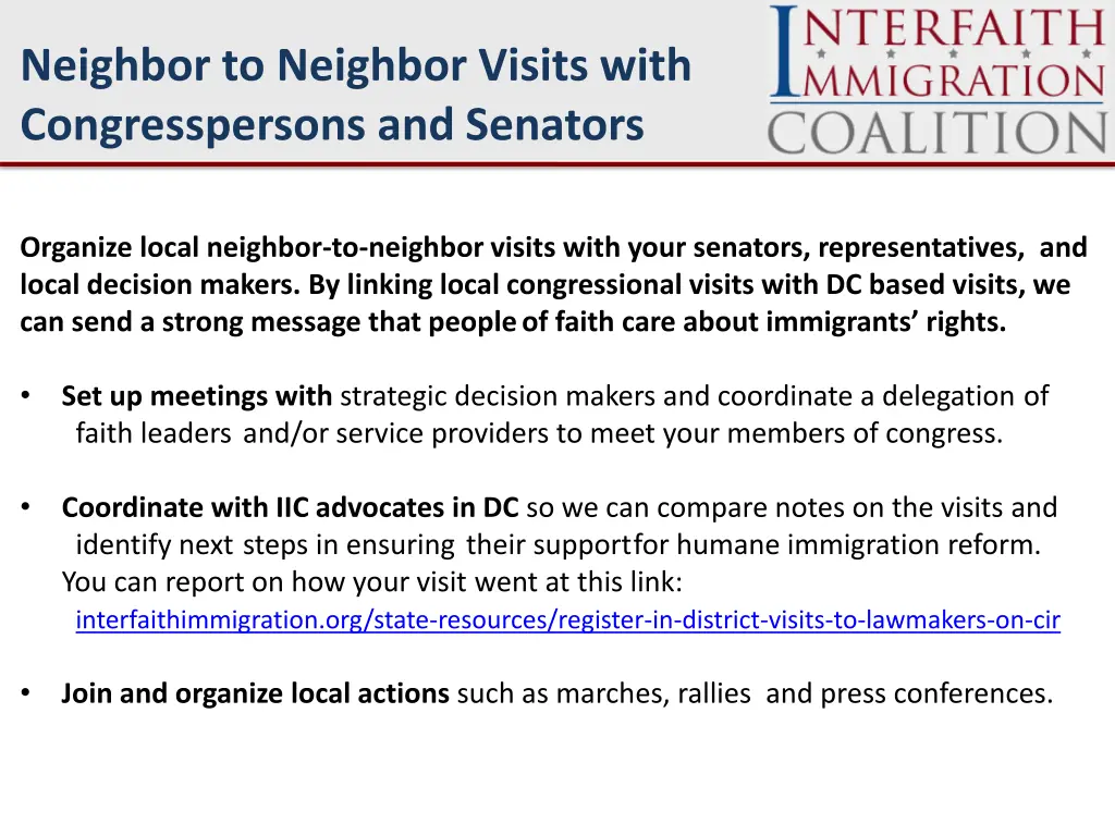 neighbor to neighbor visits with congresspersons