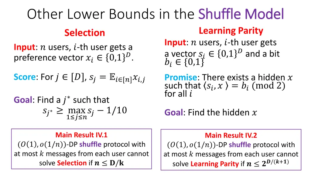other lower bounds in the shuffle model selection