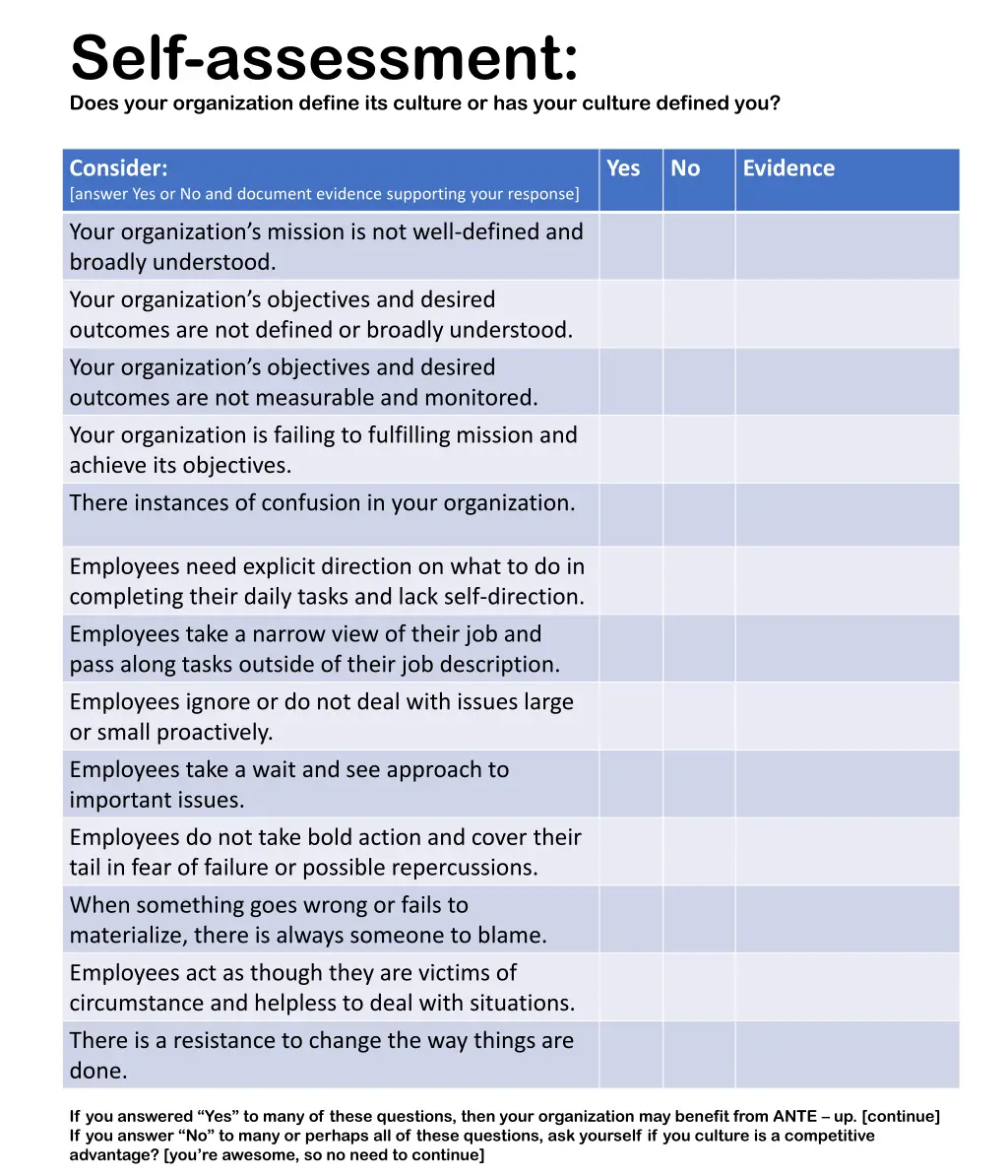 self assessment does your organization define