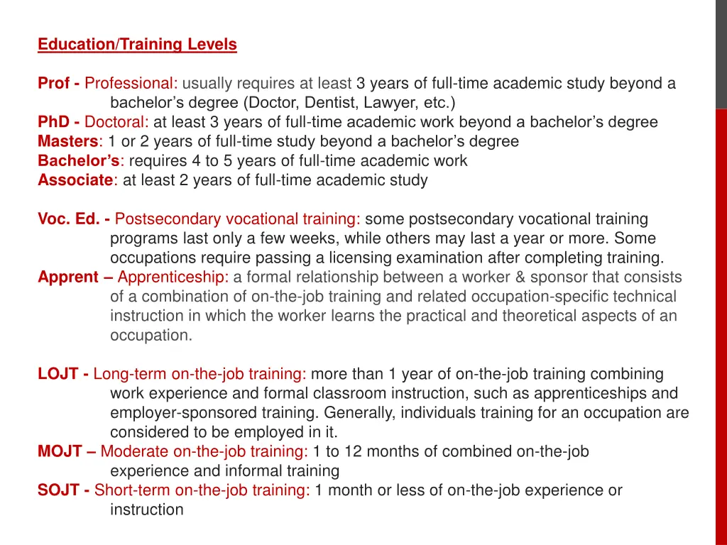 education training levels