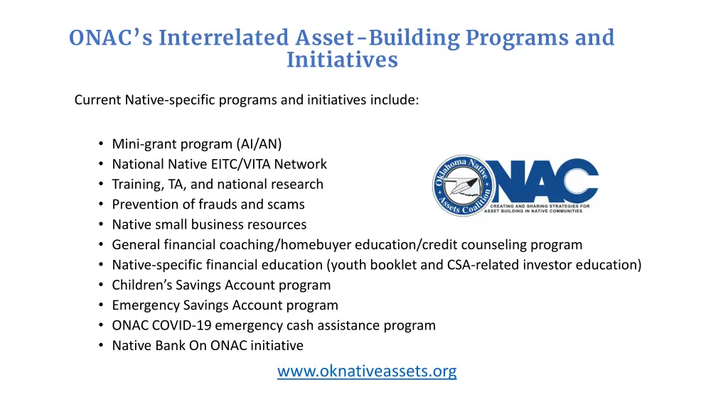 onac s interrelated asset building programs