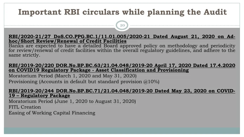 important rbi circulars while planning the audit 2