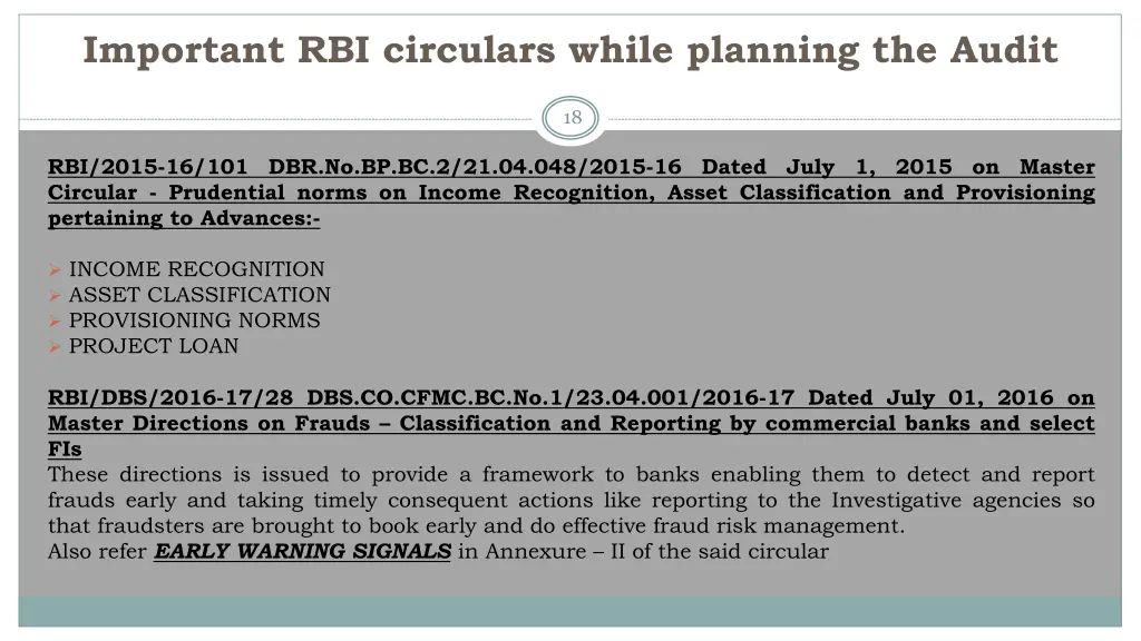 important rbi circulars while planning the audit