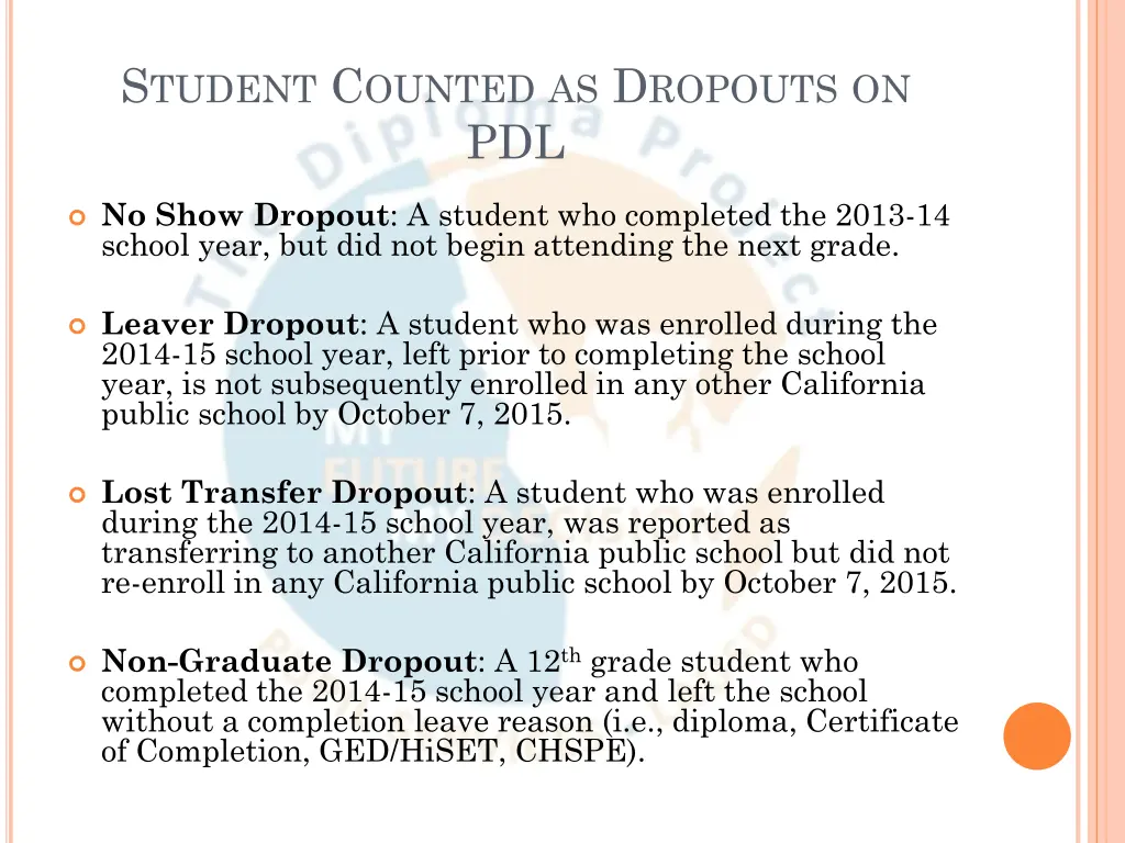 s tudent c ounted as d ropouts on pdl