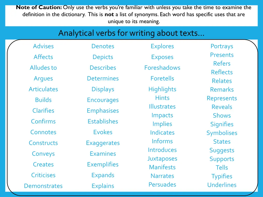 note of caution only use the verbs