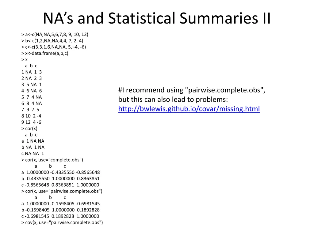 na s and statistical summaries ii