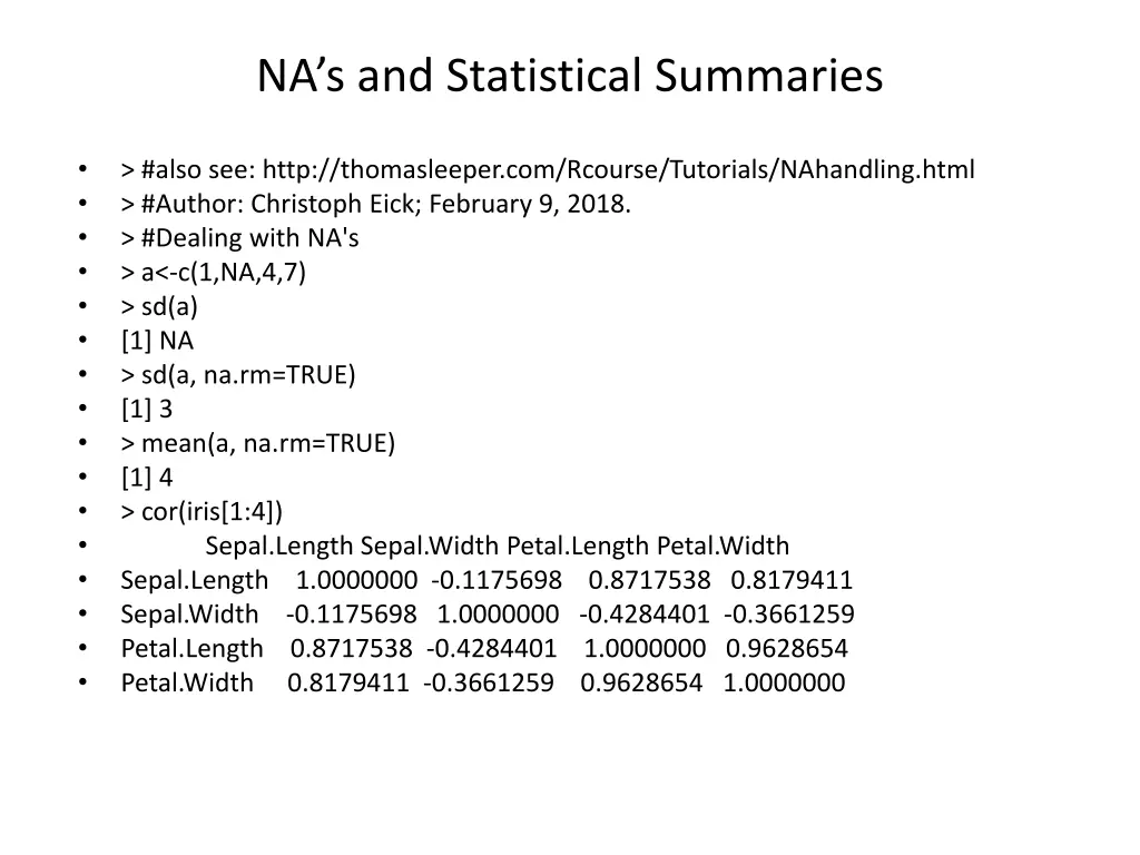na s and statistical summaries