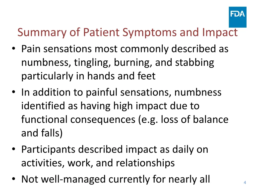 summary of patient symptoms and impact pain