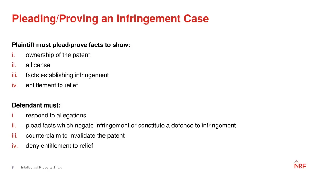 pleading proving an infringement case