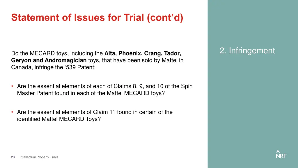 statement of issues for trial cont d