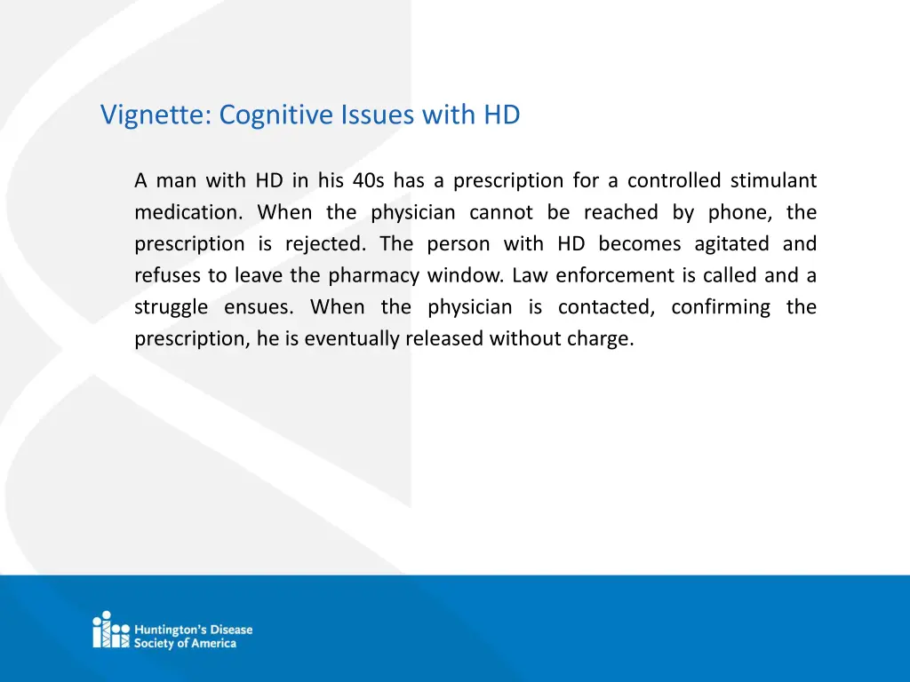 vignette cognitive issues with hd