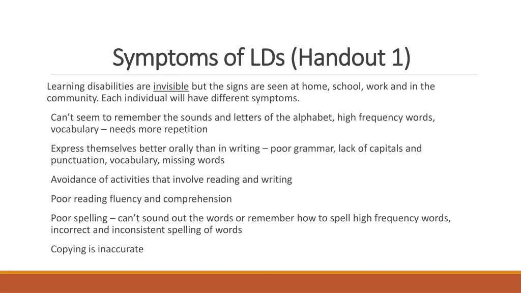 symptoms of lds handout 1 symptoms of lds handout