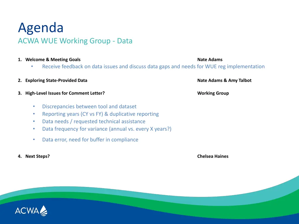 agenda acwa wue working group data