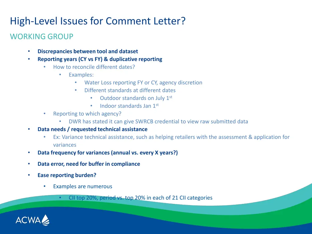 high level issues for comment letter 1