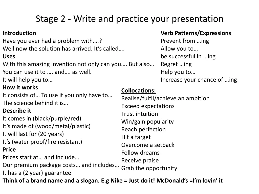 stage 2 write and practice your presentation