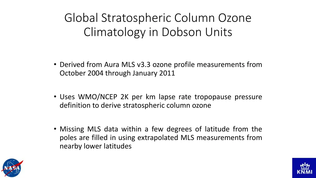 global stratospheric column ozone climatology