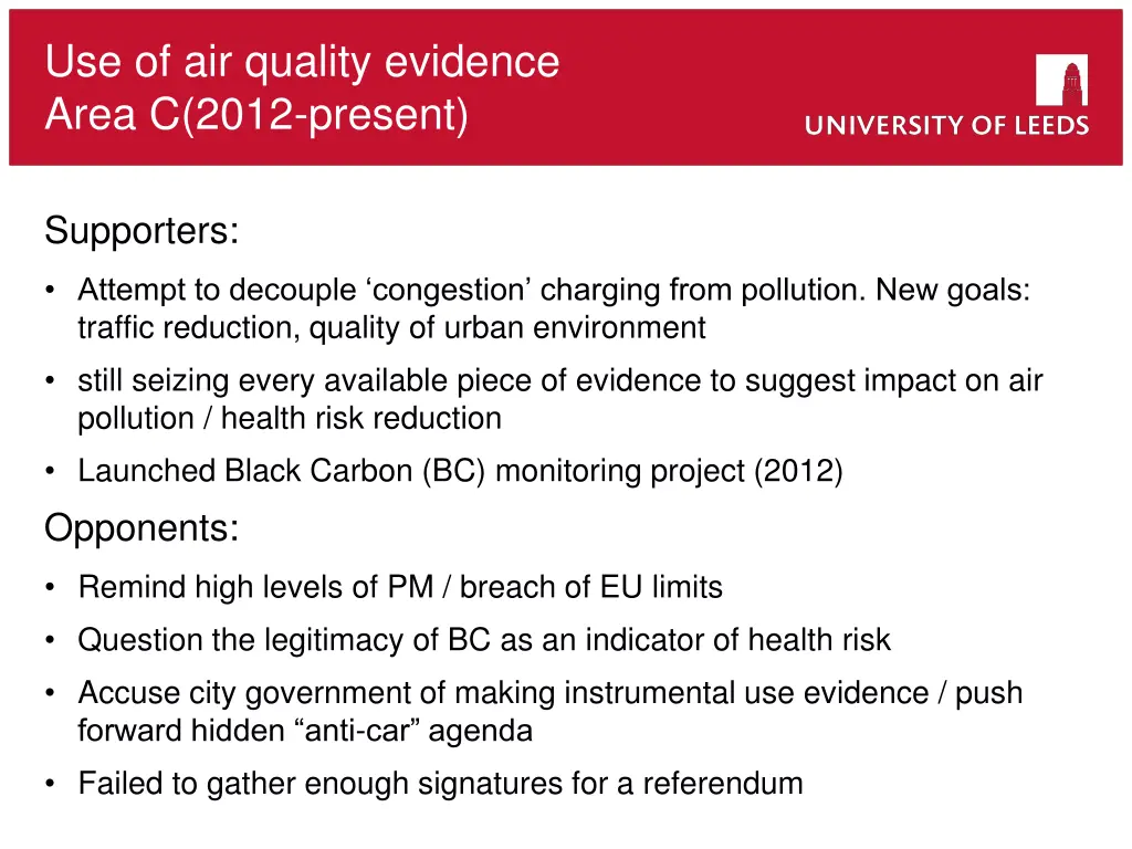 use of air quality evidence area c 2012 present