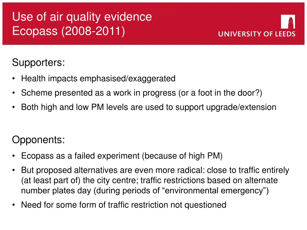 use of air quality evidence ecopass 2008 2011
