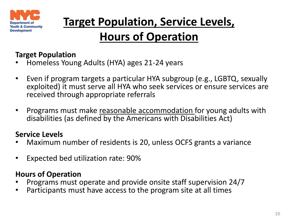 target population service levels hours