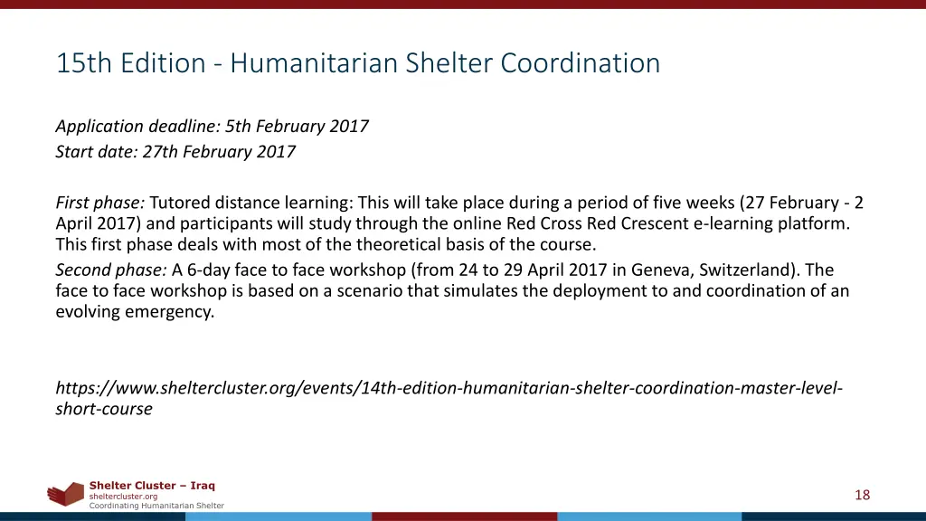 15th edition humanitarian shelter coordination