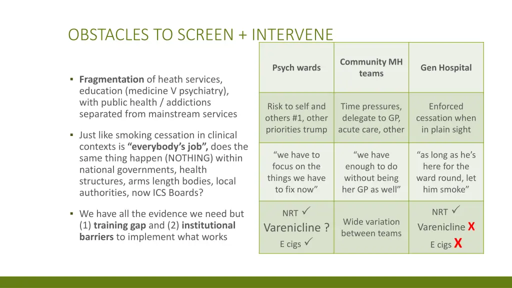 obstacles to screen intervene