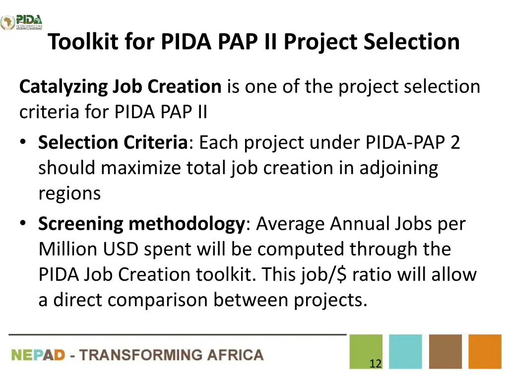 toolkit for pida pap ii project selection