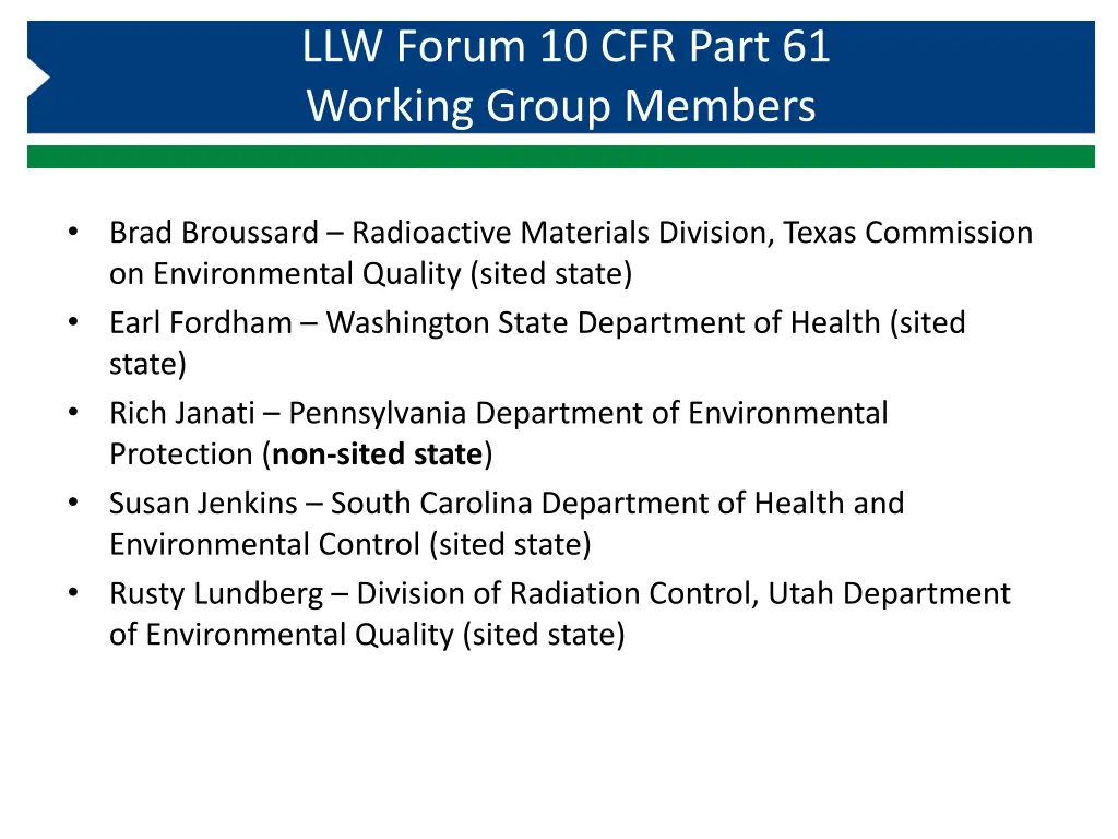 llw forum 10 cfr part 61 working group members