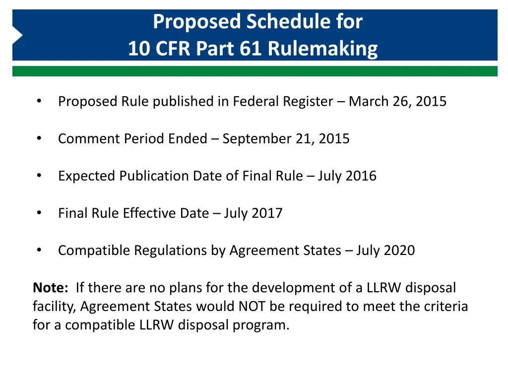 proposed schedule for 10 cfr part 61 rulemaking