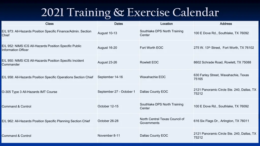 2021 training exercise calendar