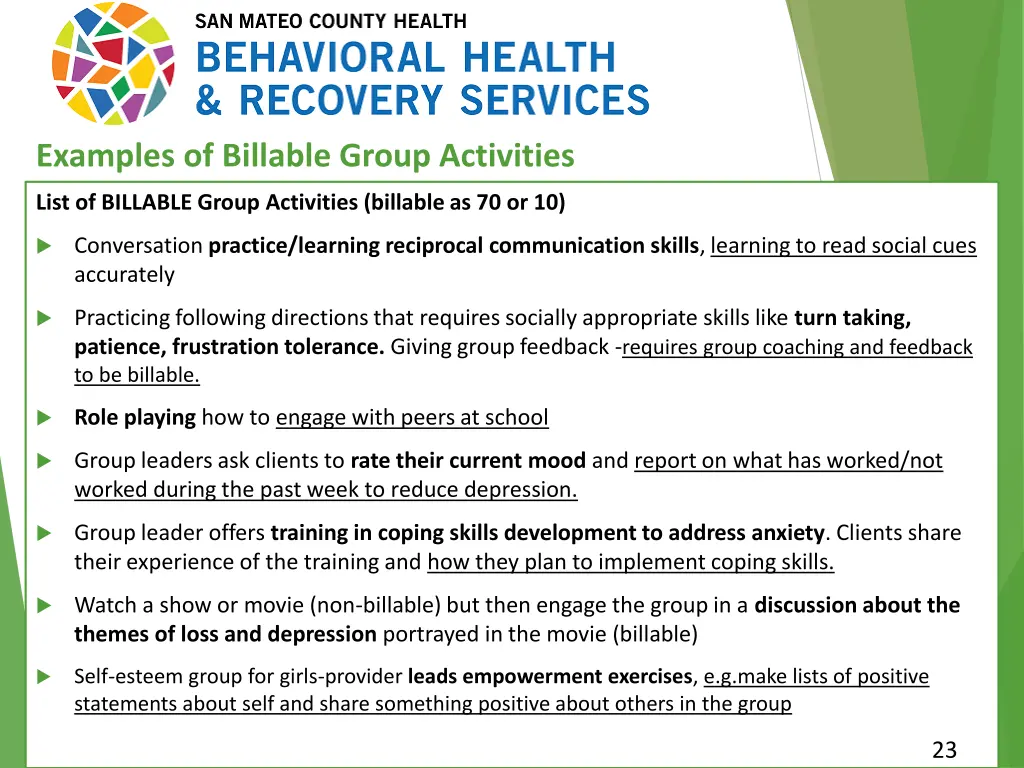 examples of billable group activities