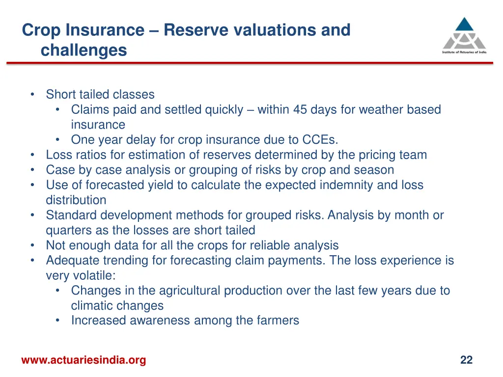 crop insurance reserve valuations and challenges