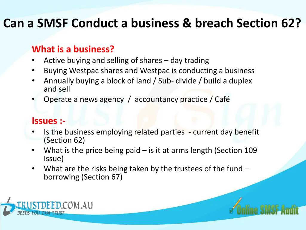 can a smsf conduct a business breach section 62