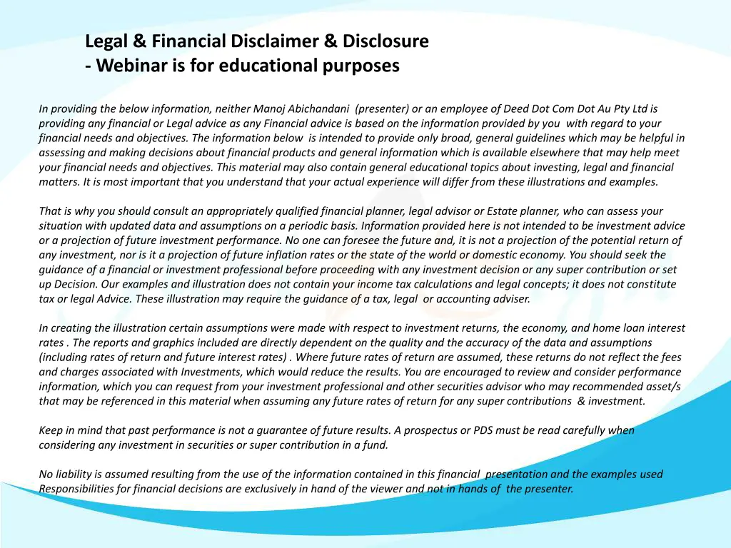 legal financial disclaimer disclosure webinar