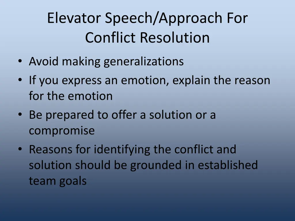 elevator speech approach for conflict resolution