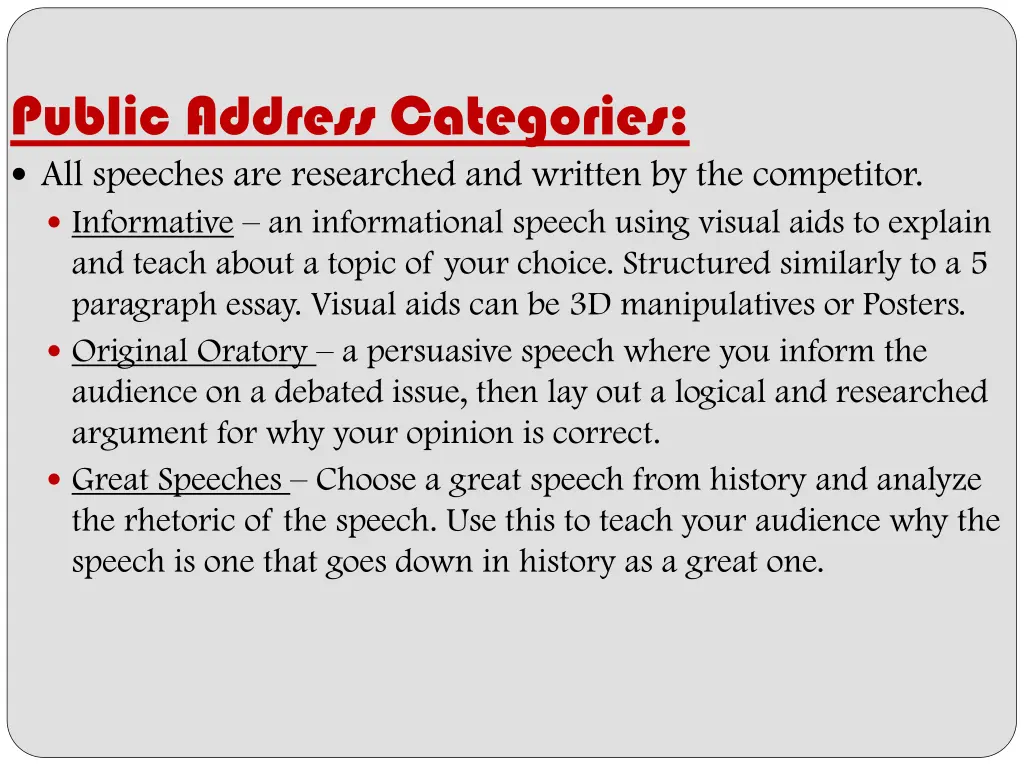 public address categories all speeches