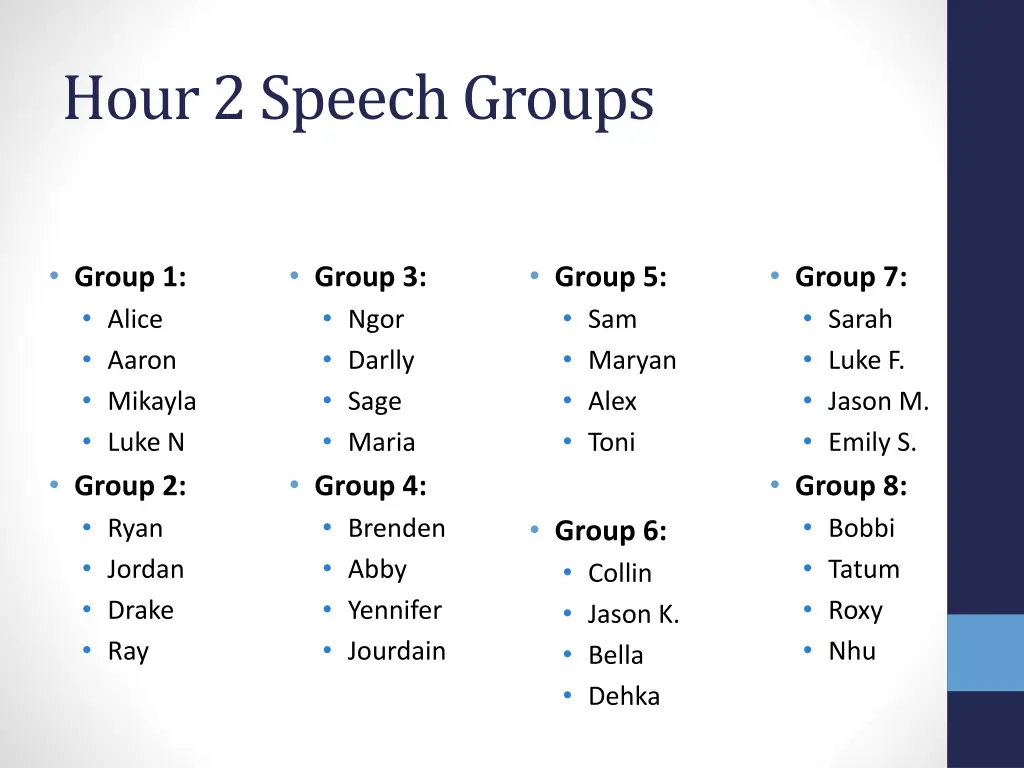 hour 2 speech groups