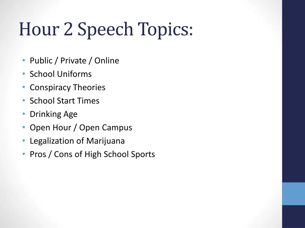 hour 2 speech topics