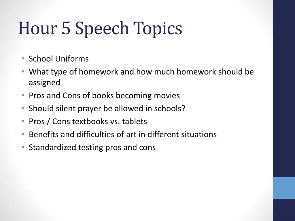 hour 5 speech topics