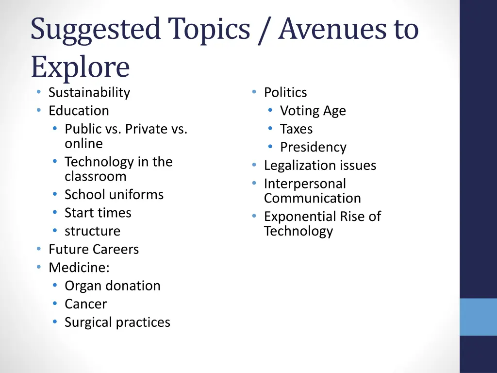 suggested topics avenues to explore