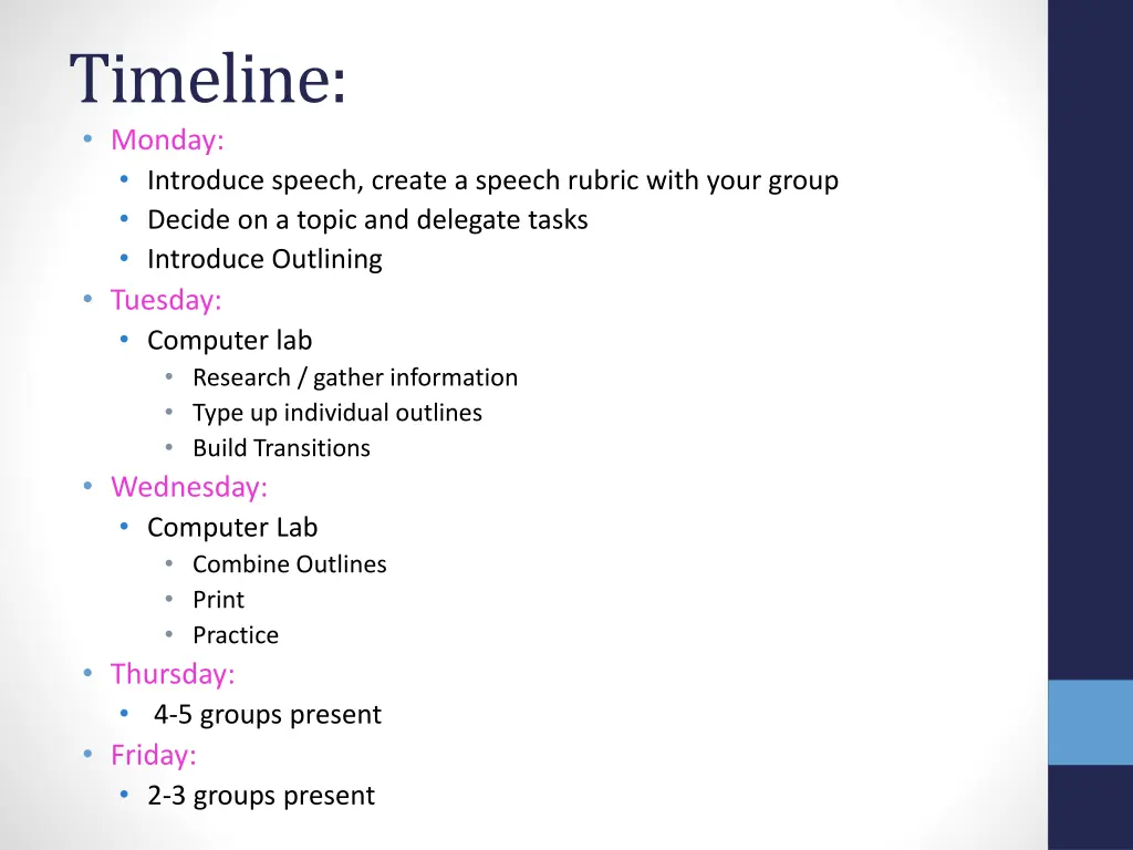 timeline monday introduce speech create a speech