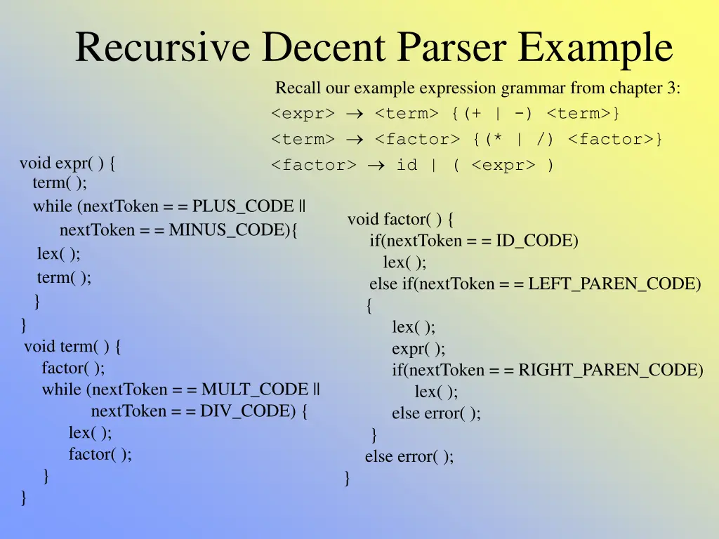 recursive decent parser example recall