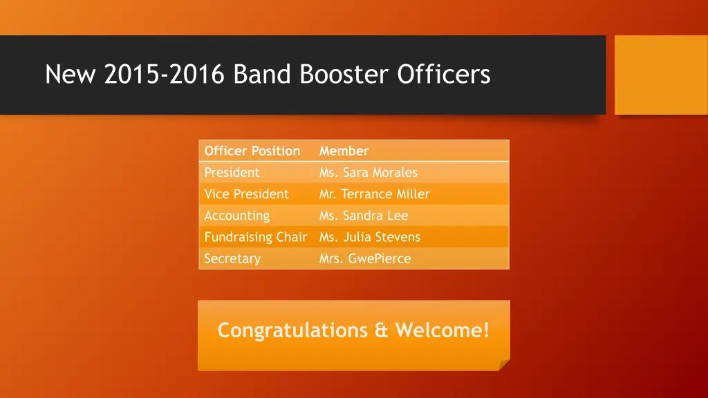 new 2015 2016 band booster officers