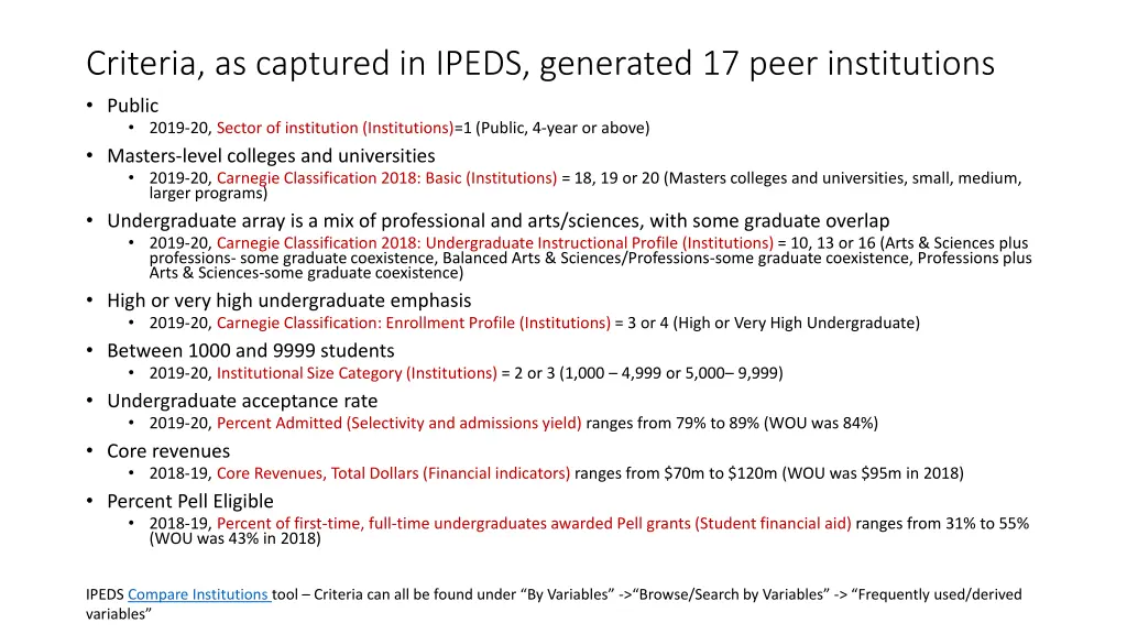 criteria as captured in ipeds generated 17 peer